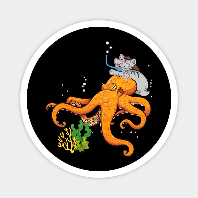 Funny Cat Riding Octopus Gift For Anyone Who Loves Cat And Octopus Animal And Snorkeling Water Sports Magnet by paynegabriel